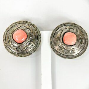 Vintage Laurel Birch Clip-On Signature Tribal Earrings With Pink Opal